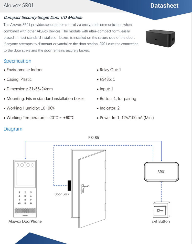 Akuvox SR01 Compact Security Single Door I/O Module with RS485 & Secure Control
