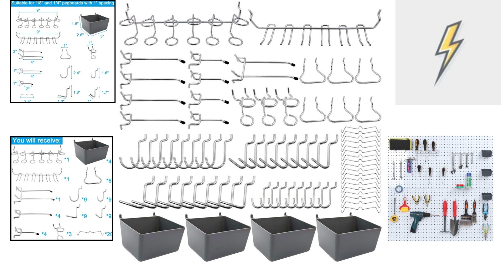 Versatile 80-Piece Pegboard Hook Kit with Bins - Perfect for Garage and Kitchen