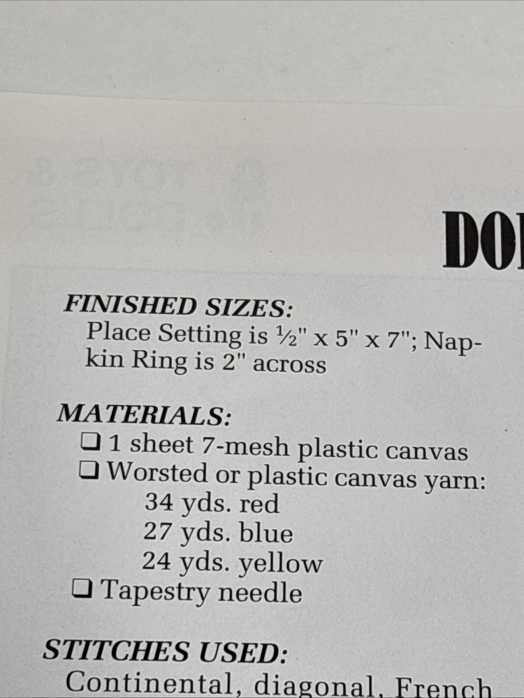 Doll's Place Setting Dish Napkin Ring Annie's Attic Plastic Canvas Pattern Page