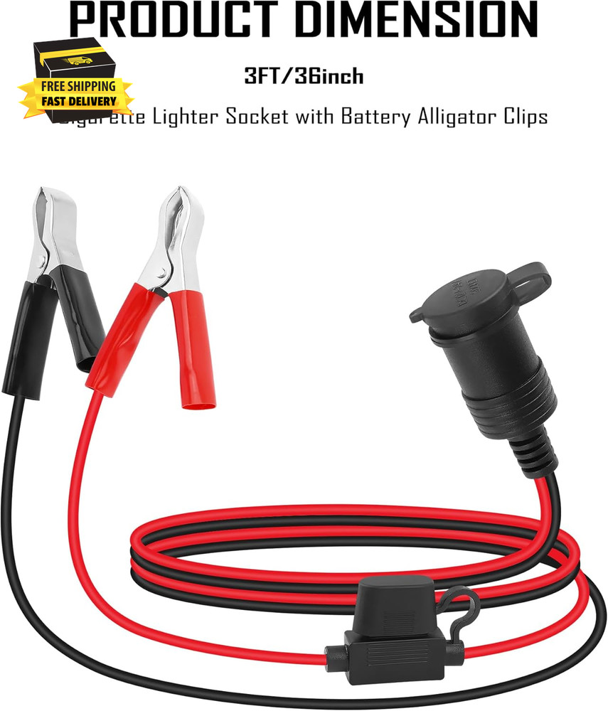 12V Cigarette Lighter Socket Replacement with 3Ft Extension Cord & Battery Allig