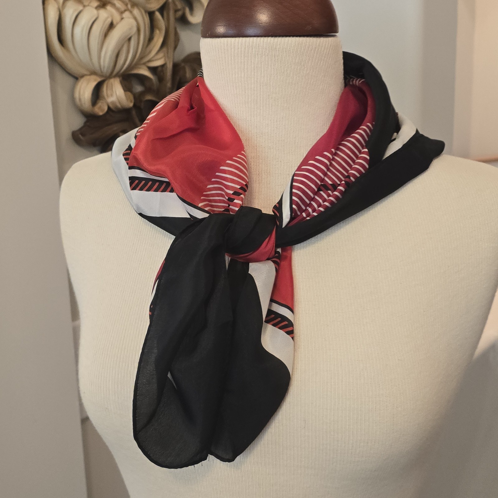Vintage Bill Blass Scarf Silk Mod Red Black White Geometric 27x27.5 Inches