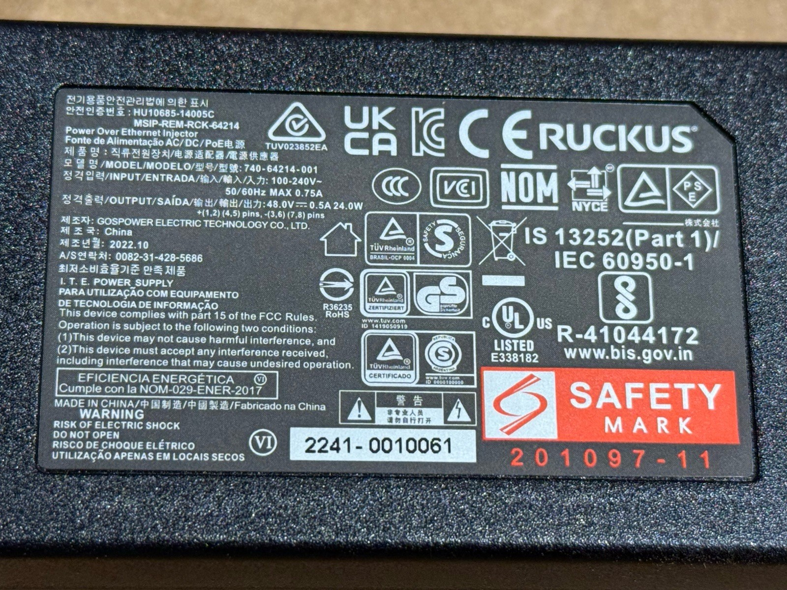 Ruckus 902-0162-US00 Zoneflex PoE Injector New