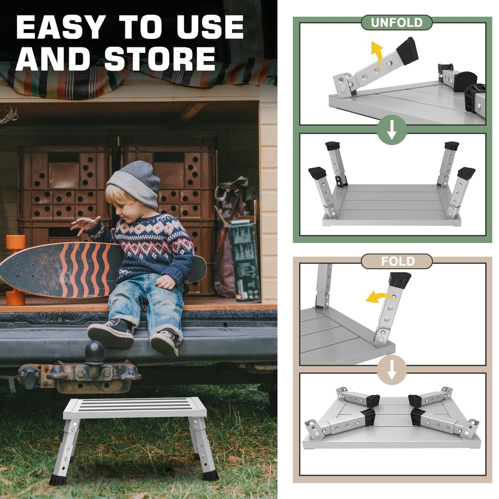 Adjustable Height Aluminum RV Step, Stable Foldable Platform Step Stool,Silver