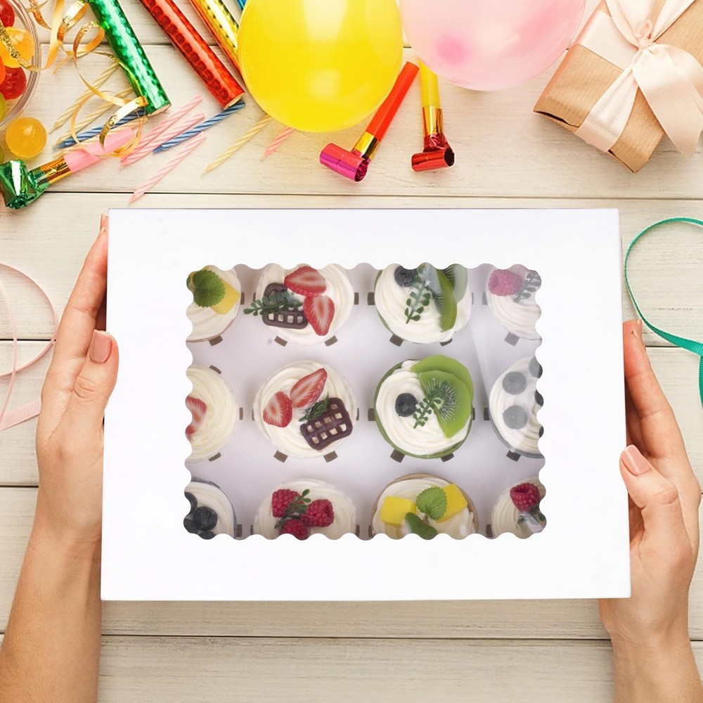 Pre-folded 12 count Cupcake Boxes, 15-Set Cupcake Container with Window Trans...