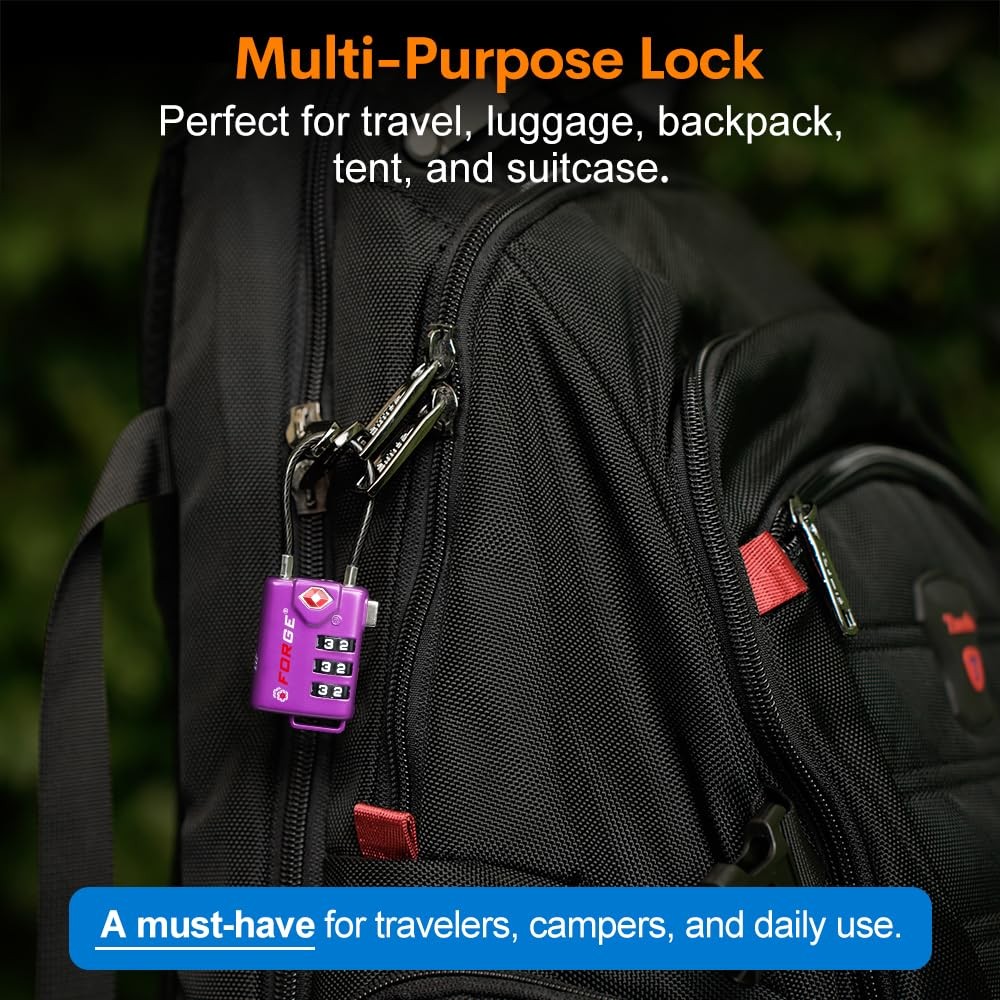 Forge TSA Approved Luggage Locks, Re-settable Combination with Purple4PK