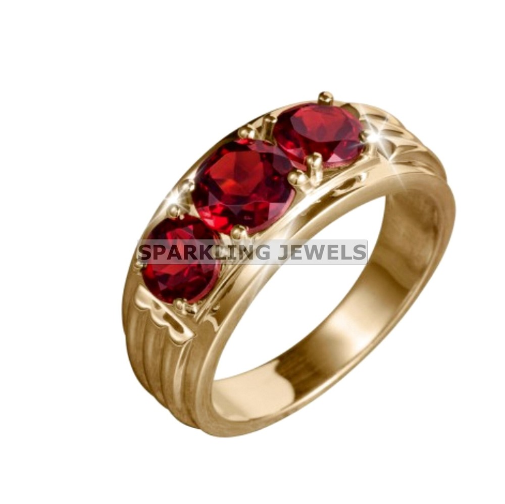 Vivid Garnet Round Cut With 14K Solid  Gold  Ring For Men #C201