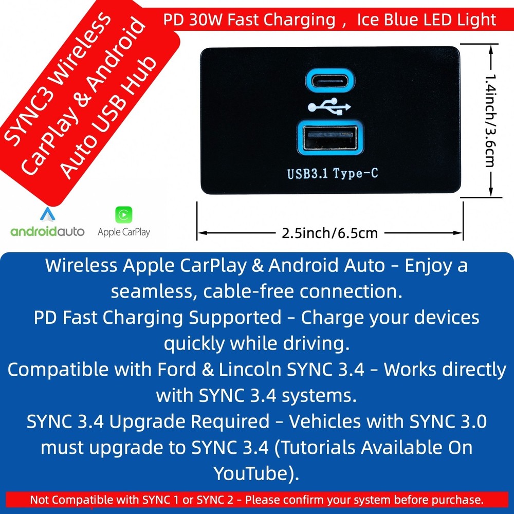 Ford Sync 3 Wireless Apple CarPlay Android Auto Upgrades USB Module Type C