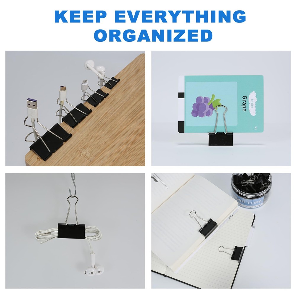 Assorted sizes of binder clips, including extra large, medium, small, mini