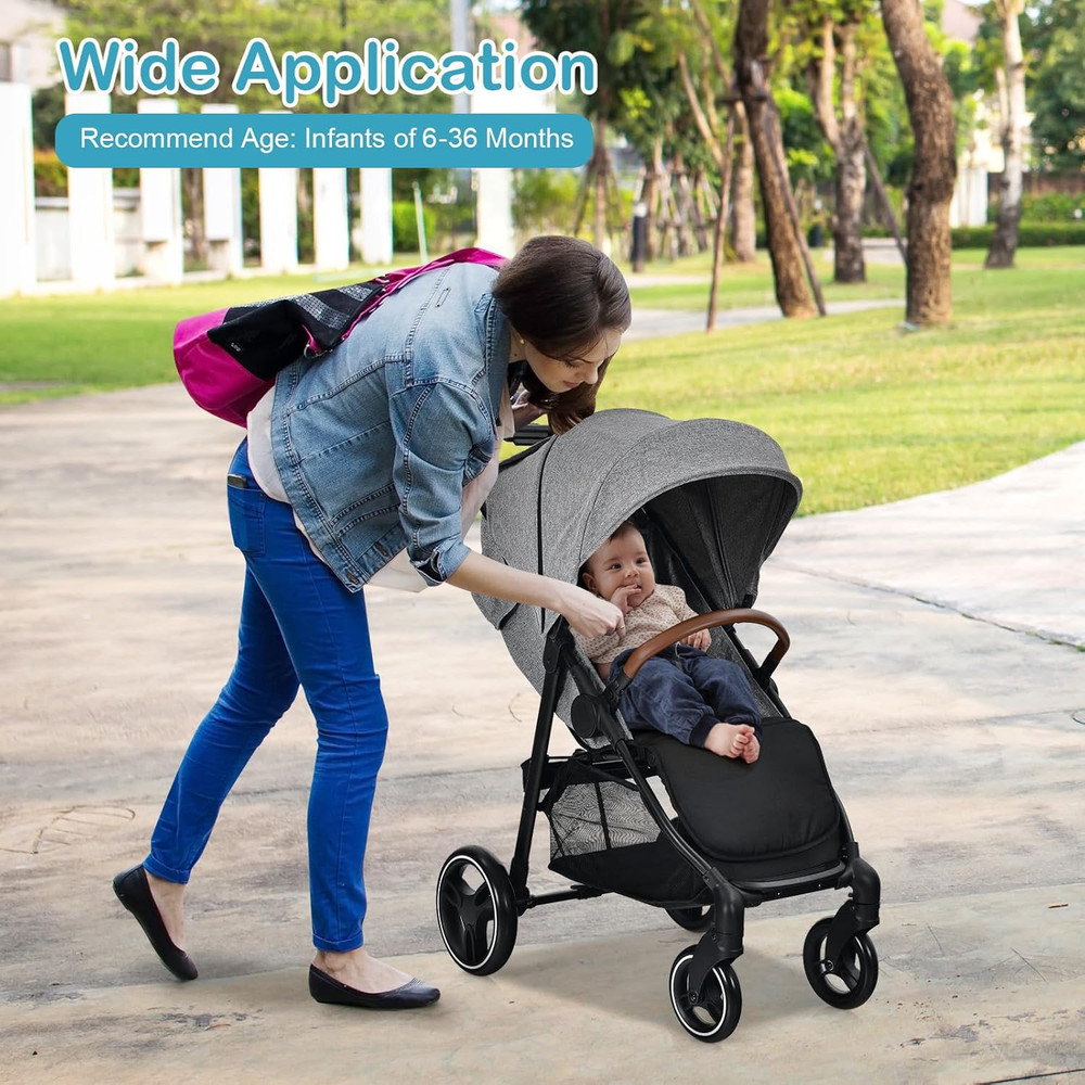Foldable Baby Stroller with Adjustable Canopy & Storage Basket - Gray