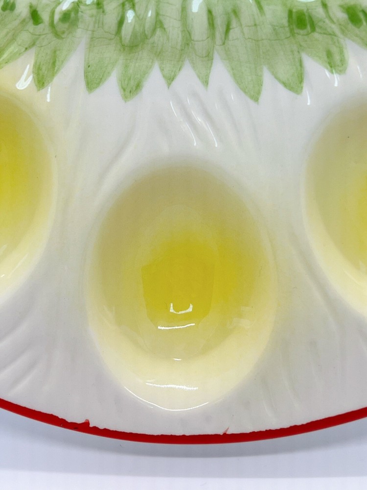 Vintage Ceramic ?Enesco Easter deviled eggs platter round, green/yellow/red 9”