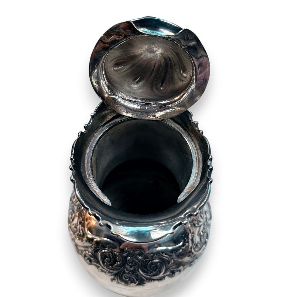 Antique Silverplate Hinged Lid Pitcher, Ornate Victorian Style, Black Handle