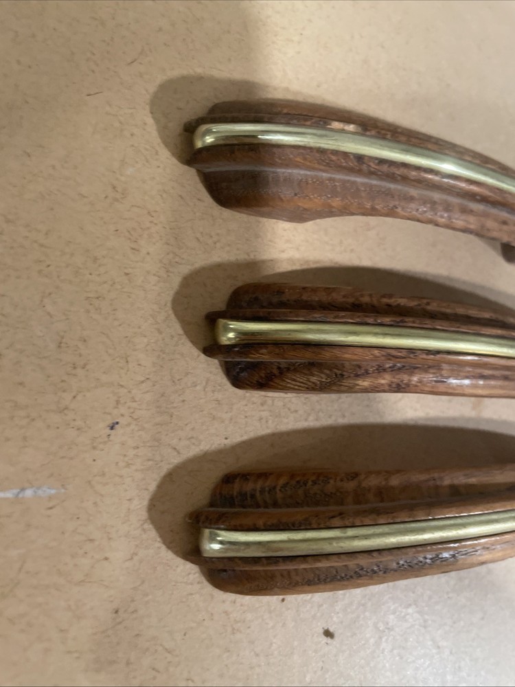 3 RARE 1970-80s Vintage SINGLE Solid Wood Oak with Gold Insert Drawer Pull 6”