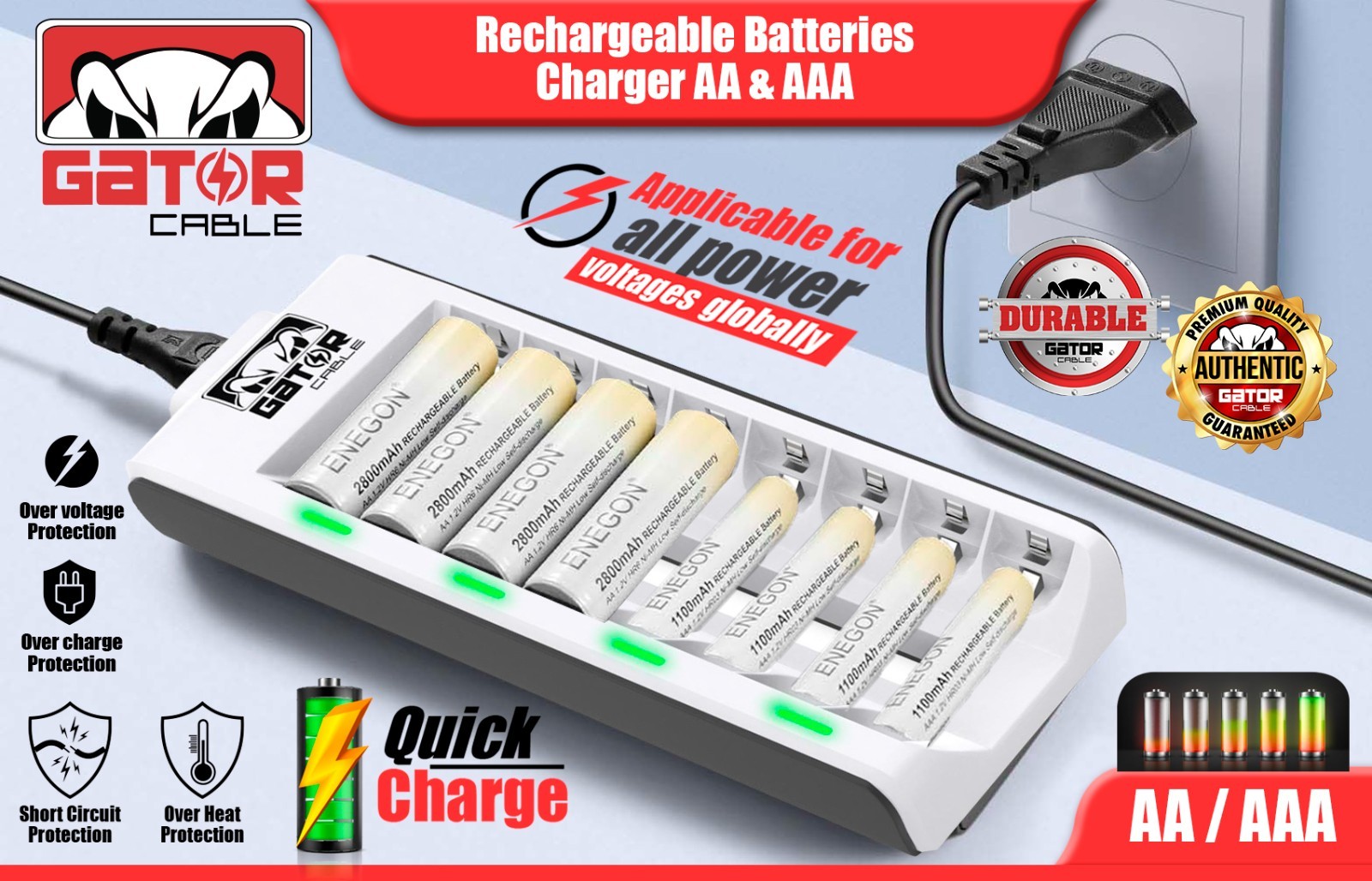 Rechargeable Battery Charger AA AAA Ni-MH Ni-CD Automatic Charged Red LED Light