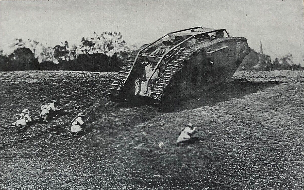 RARE RECYCLED! WW1 US ARMY 27TH DIV. 107TH INF. w/ BRIT TANK COVER LITHO PC 1918