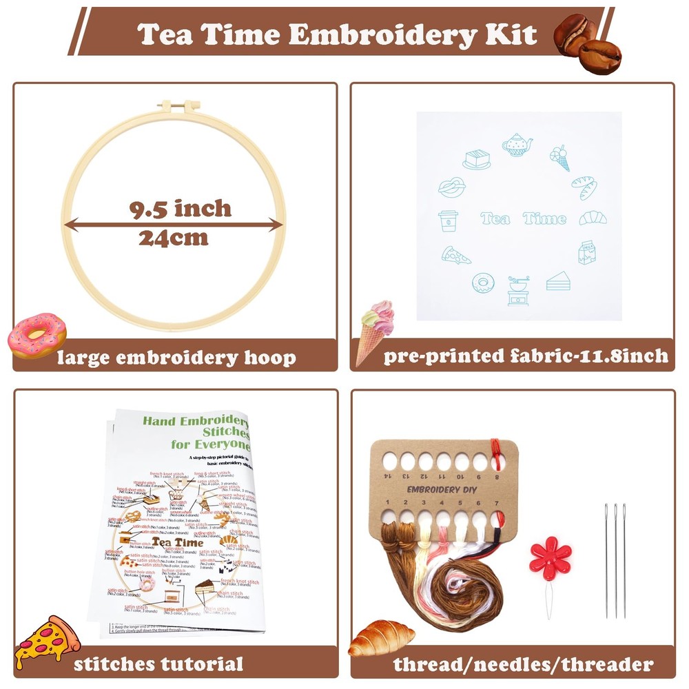 Topapfo Advanced Embroidery Kit with Beginner Tutorials, 9.5 inches, tea time