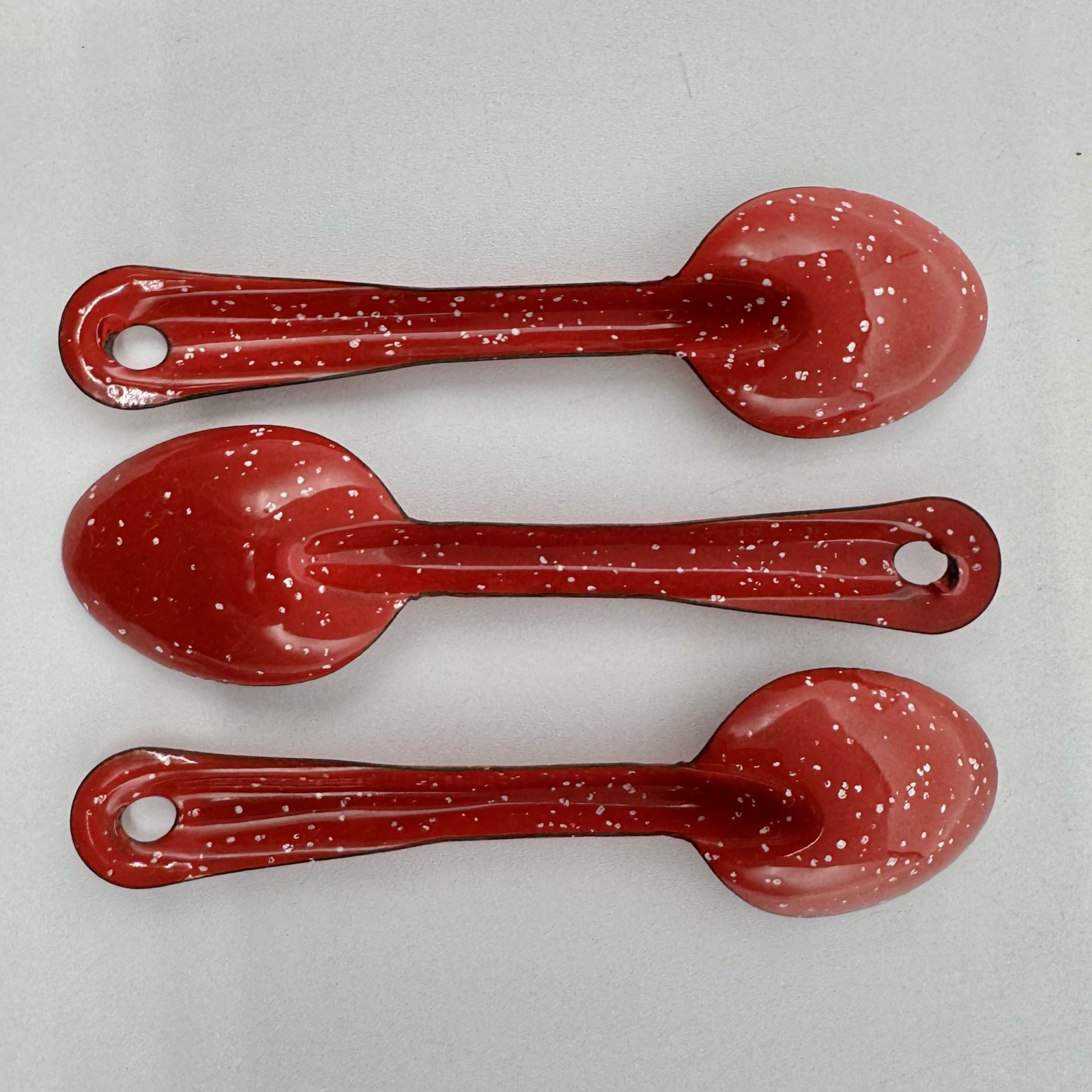 RED Speckle 6" SPOONS 3 pc Lot Vintage Enamel Metal Enamelware Camping Speckled