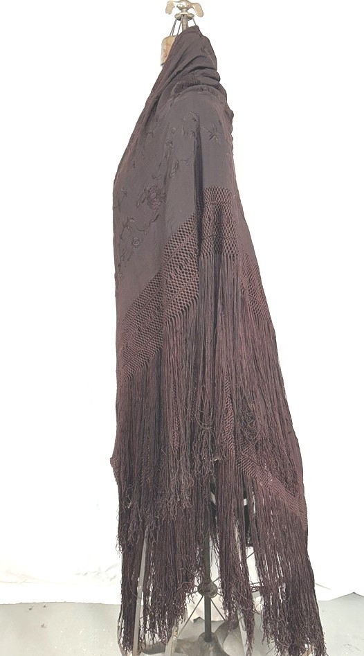 antique silk shawl embroidered lg 49x49 dark purple fringe 20 piano original
