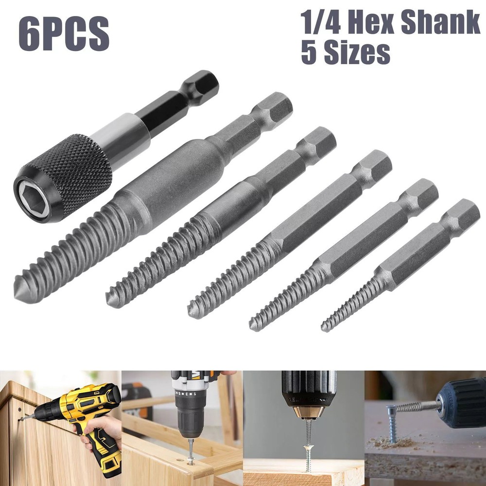 Woodworking hex shank headless screw extractor kit includes 5 different-size