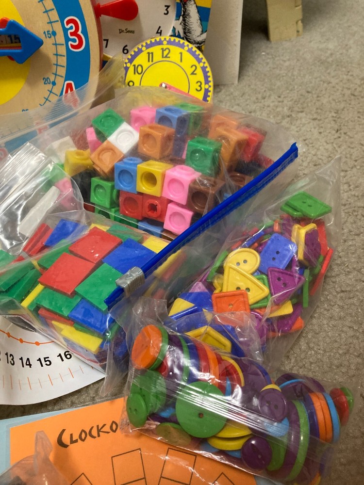 Homeschool Math Manipulatives Lot Geometry, Pattern Blocks, Clock, Multilinks