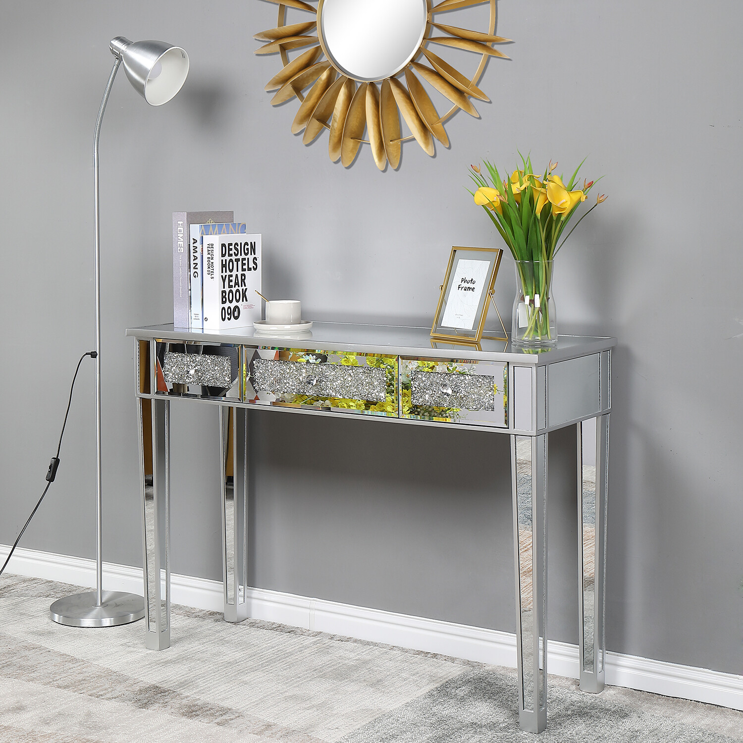 Modern Console Table Mirrored Vanity Table Makeup Desk w/ Diamond 3 Drawers