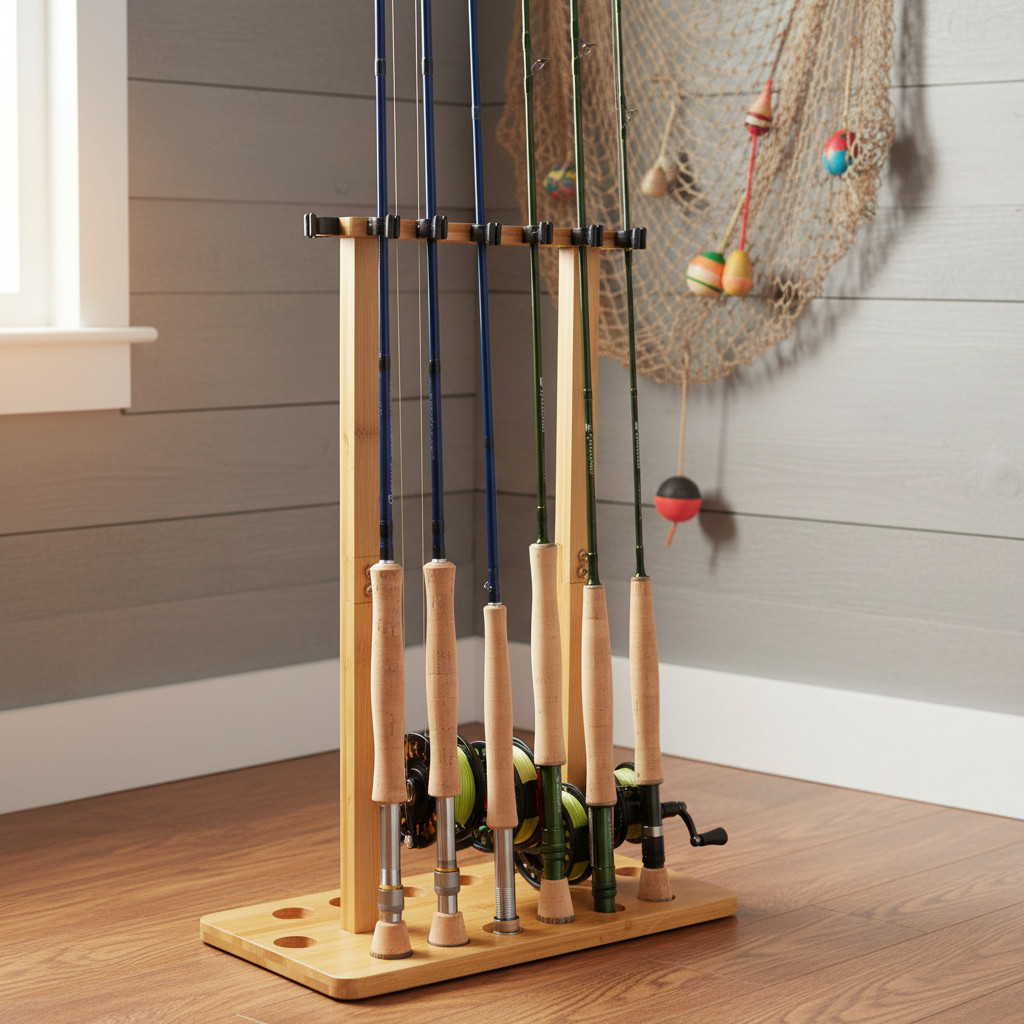 Fishing Pole Rod Racks—Floor Stand Bamboo Round rods holder for 14 Fishing