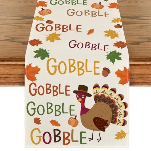 Gobble Turkey Maple Leaves Thanksgiving Table Runner, Table Runner, 13" x 108"