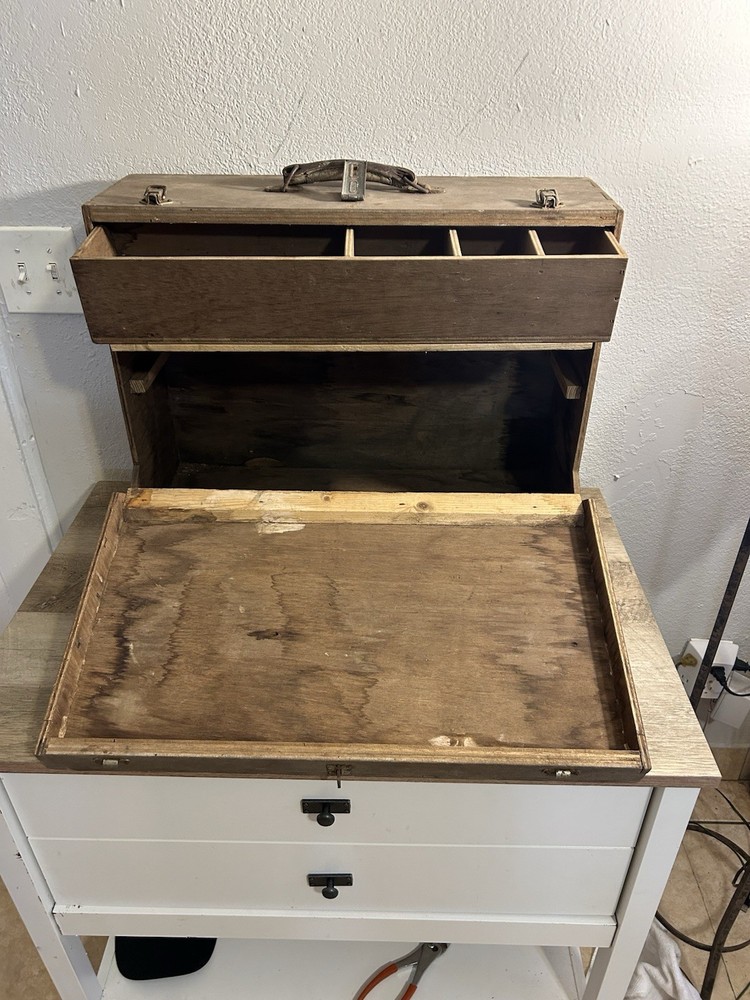 Antique Primitive Folding Wood Tool Work Box w 1 Drawers