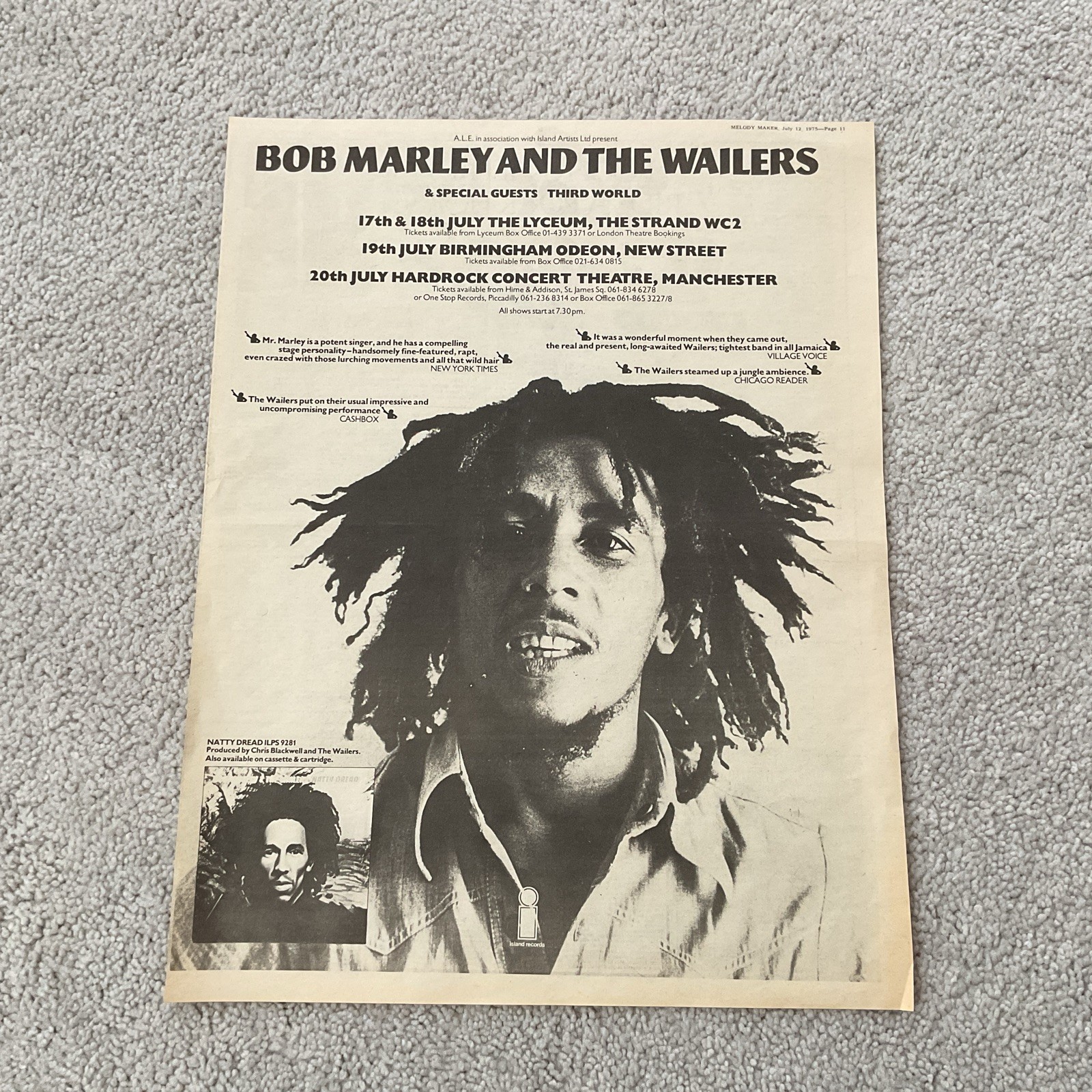 BOB MARLEY & THE WAILERS 1975 1977 UK TOUR & EXODUS LP ORIGINAL POSTER TYPE ADS