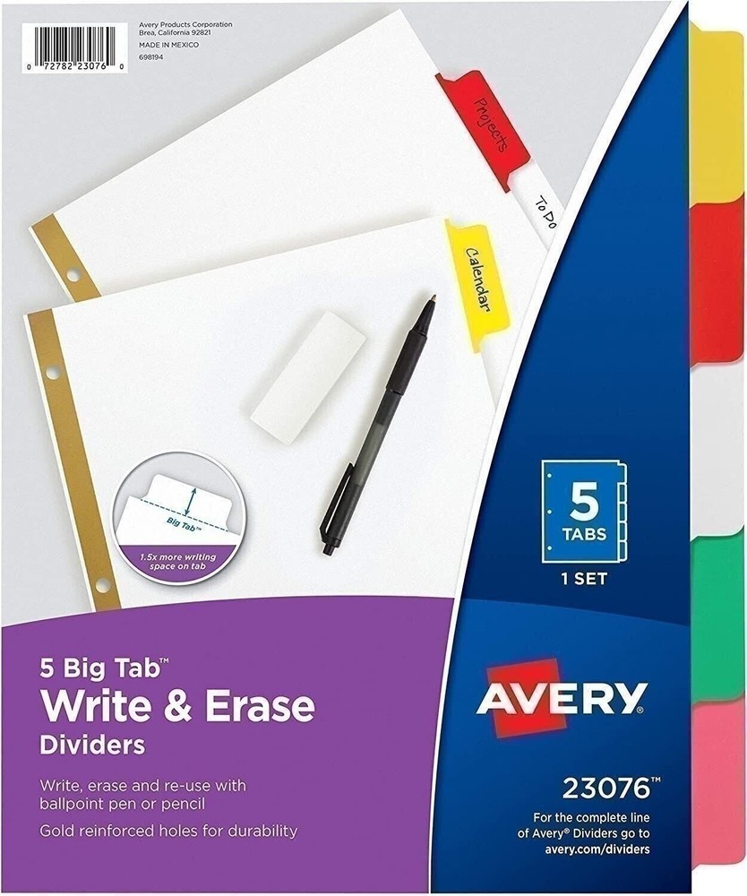 Avery Big Tab Write & Erase Dividers, 5 Multicolor Tabs, 1 Set (23076)