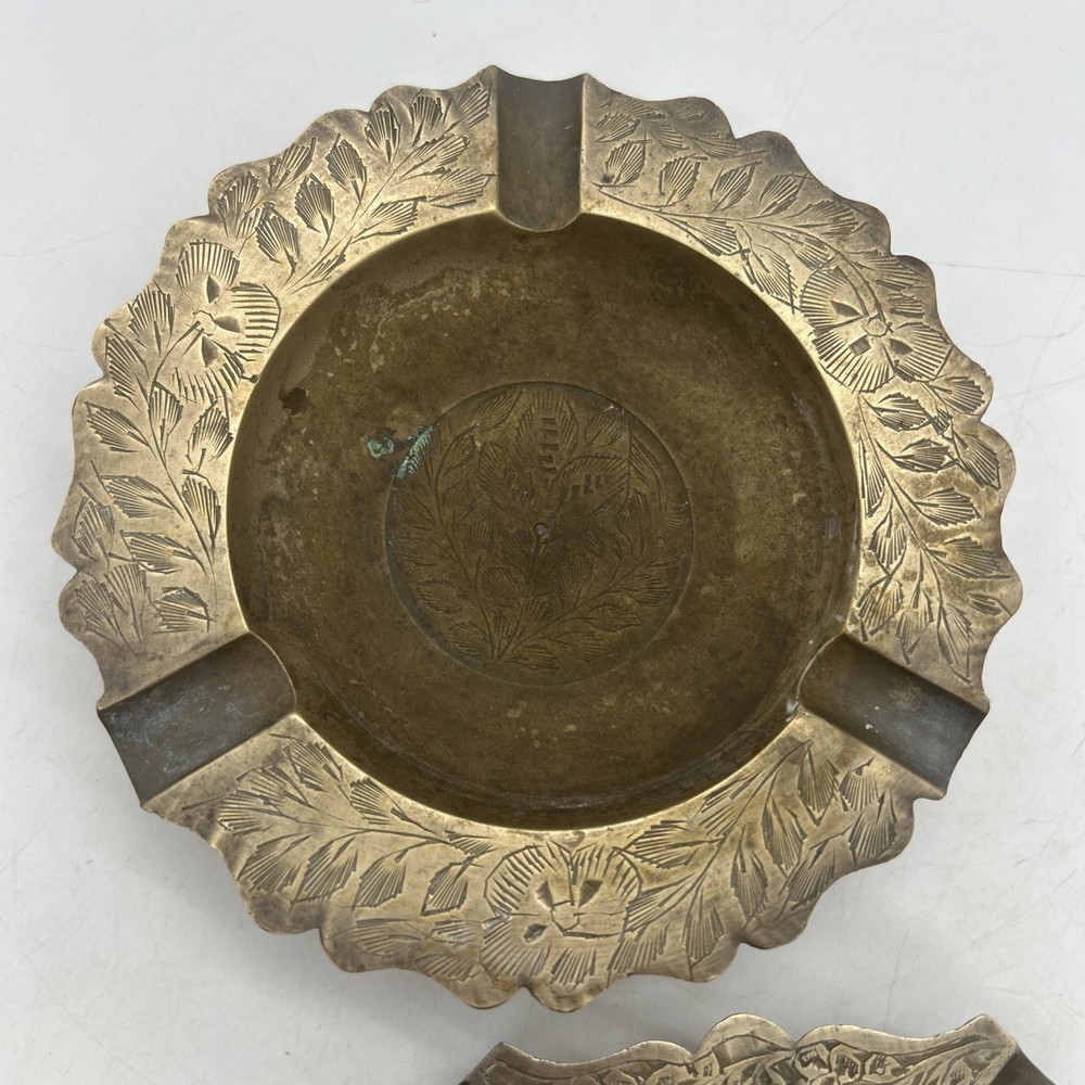 Vintage Solid Brass Etched Ashtrays Floral Mid Century