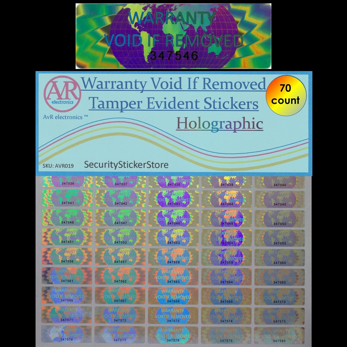 WARRANTY VOID IF REMOVED Tamper Proof Security Sticker (SERIAL NUMBERS) (AvR019)