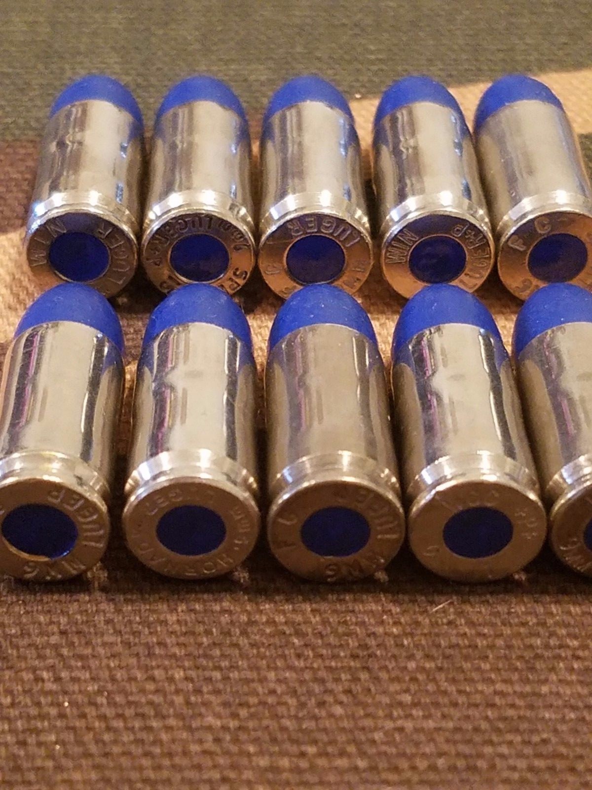9MM LUGER SNAP CAPS SET OF 10, 124GR. (BLUE+NICKEL)