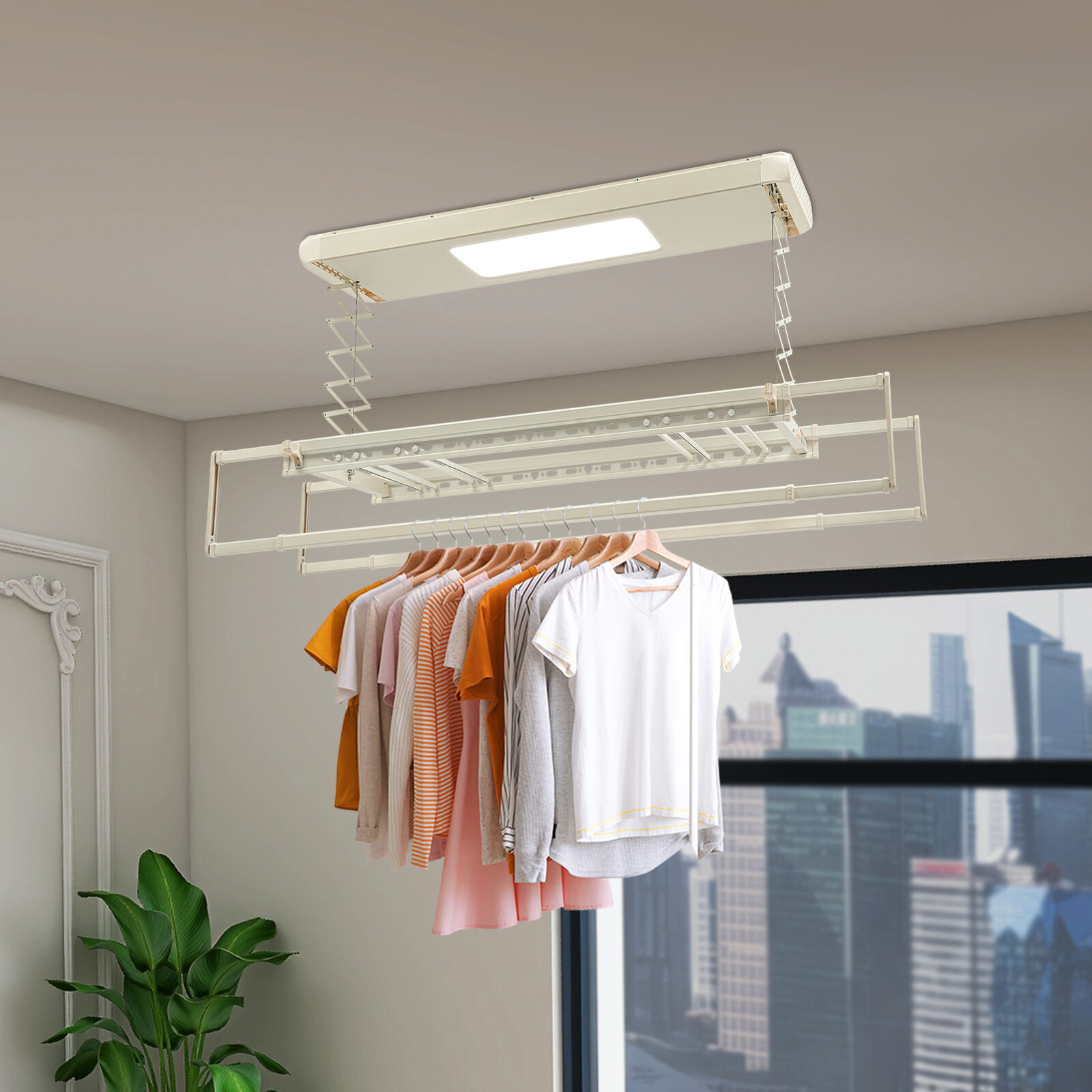 8 Rods Ceiling-mounted Clothesline Resealable Vertical Drying Rack Led Light 24W