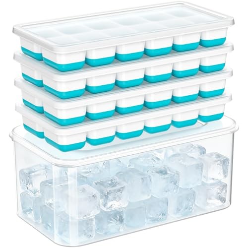 NFK Ice Cube Tray with Lid & Bin - 4 Pack 48 Cubes Stackable Silicone Blue
