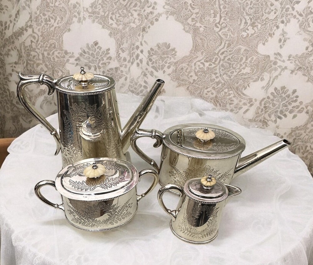 4 Pc Silverplate Coffee Tea Svc Fern Engraved Pattern Unmarked Ivory Knobs 1800s