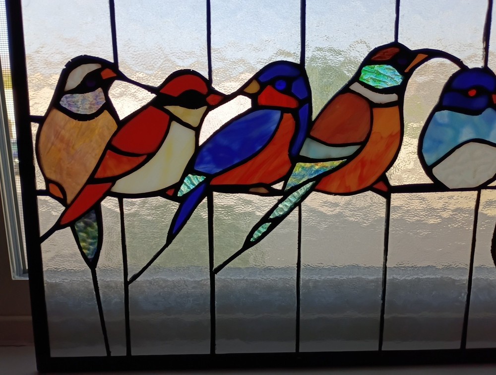 Birds on a Wire Tiffany-Style Glass Window Hanging Panel