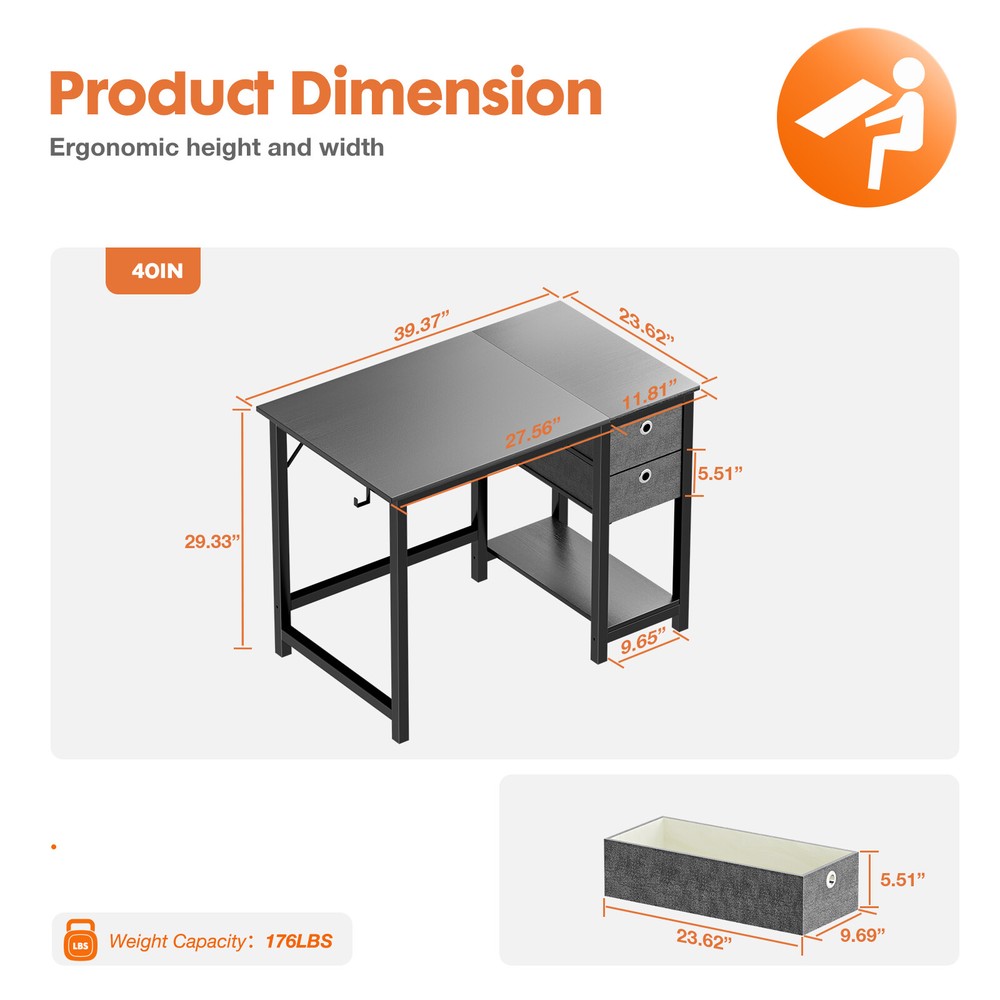 Office Study Table with Side Hook and 2 Storage Drawers - 40/47in Computer Desk