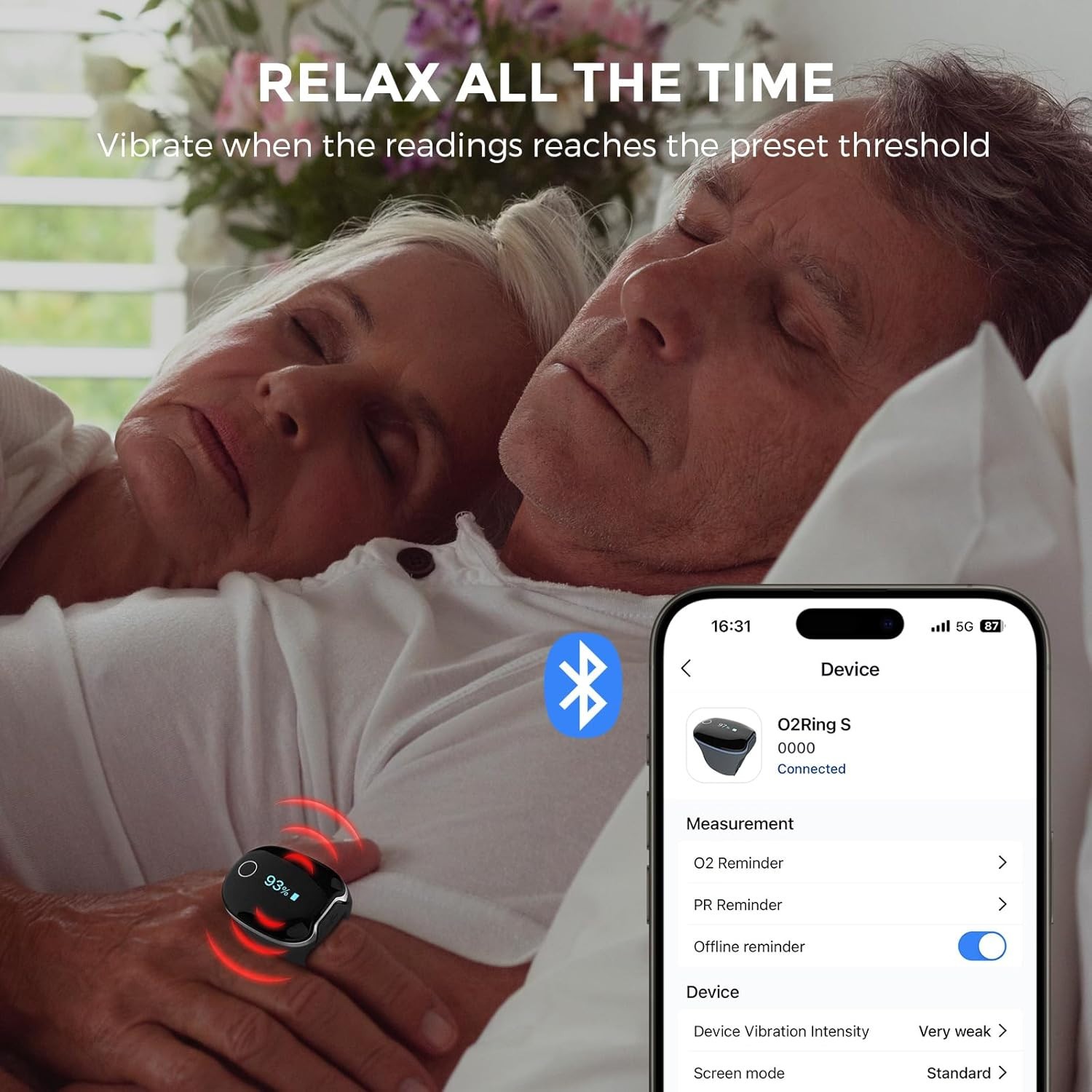 🔥 O2Ring-S Oxygen Monitor w/ Vibration Reminder Bluetooth Pulse Oximeter Wellue