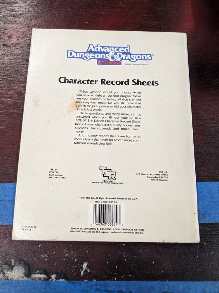 Character Record Sheets Complete 9264 REF2 AD&D TSR White Border Front