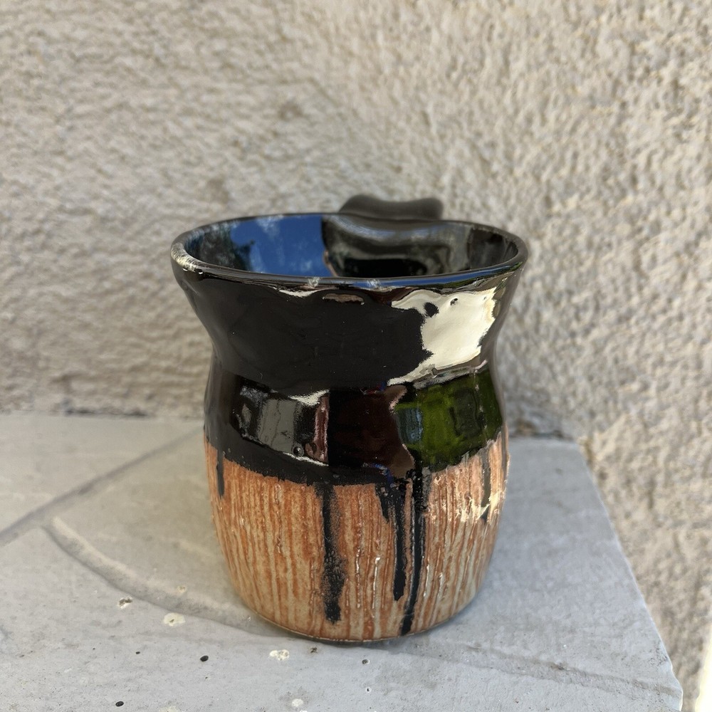 Studio Pottery Mug Cup Black Drip Glaze Green Inside Cup