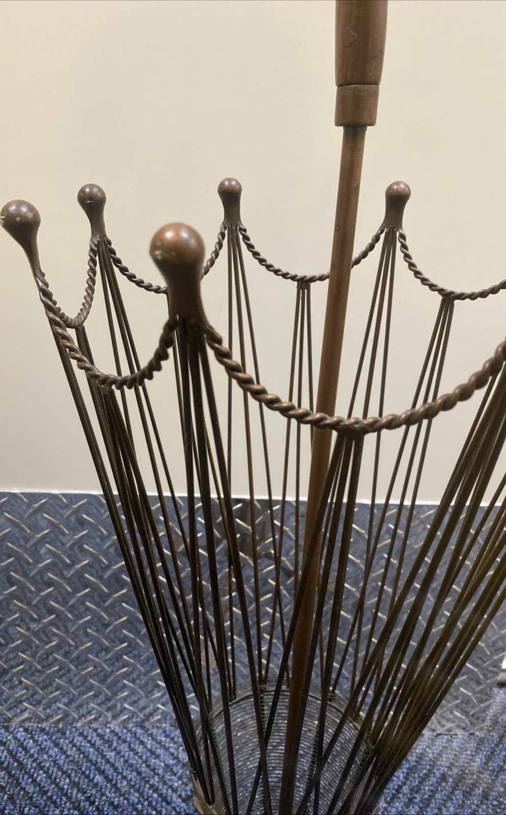 MCM Umbrella Shaped Stand Canes Umbrellas Copper Wire Wood handle 32” X 11.5”