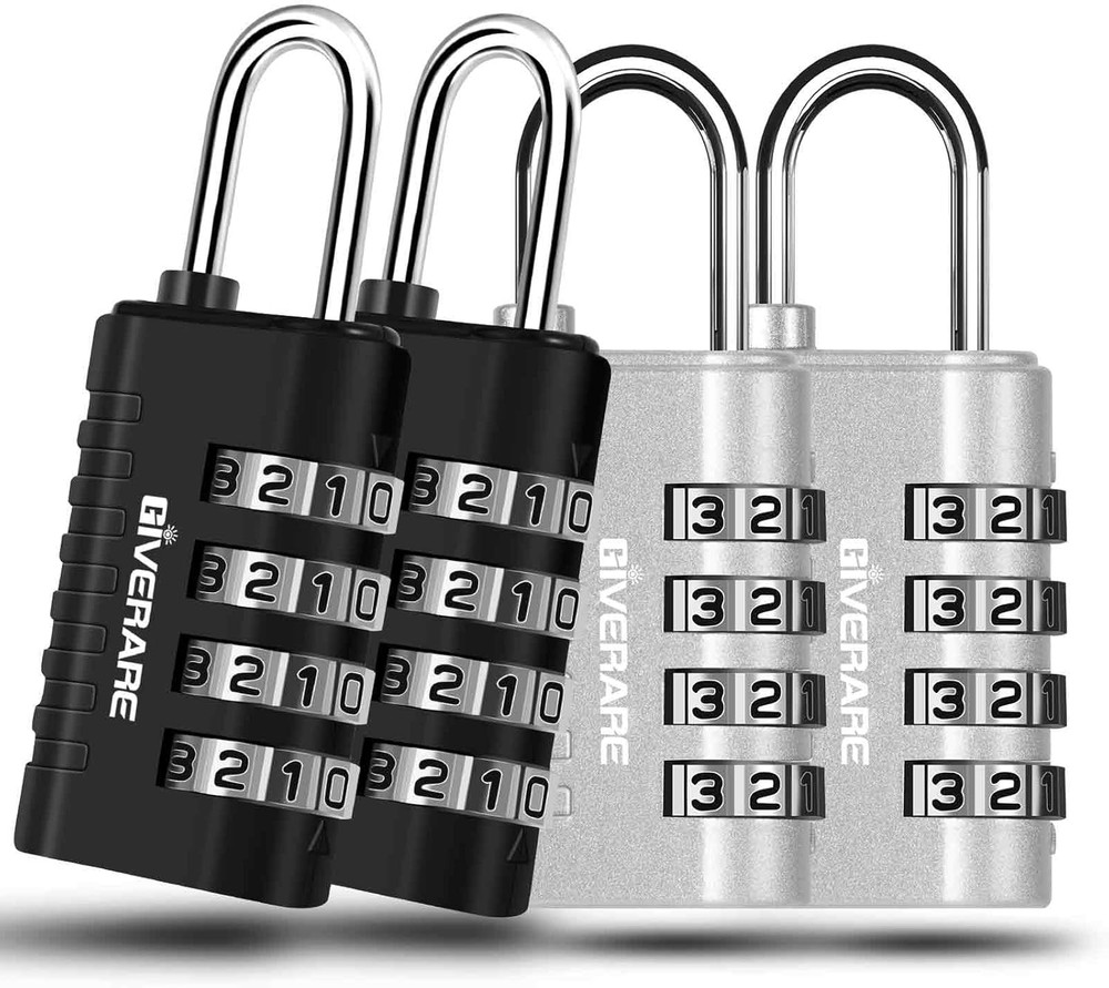 4-Pack 4-Digit Combination Padlocks Keyless Resettable Weatherproof Black/Silver