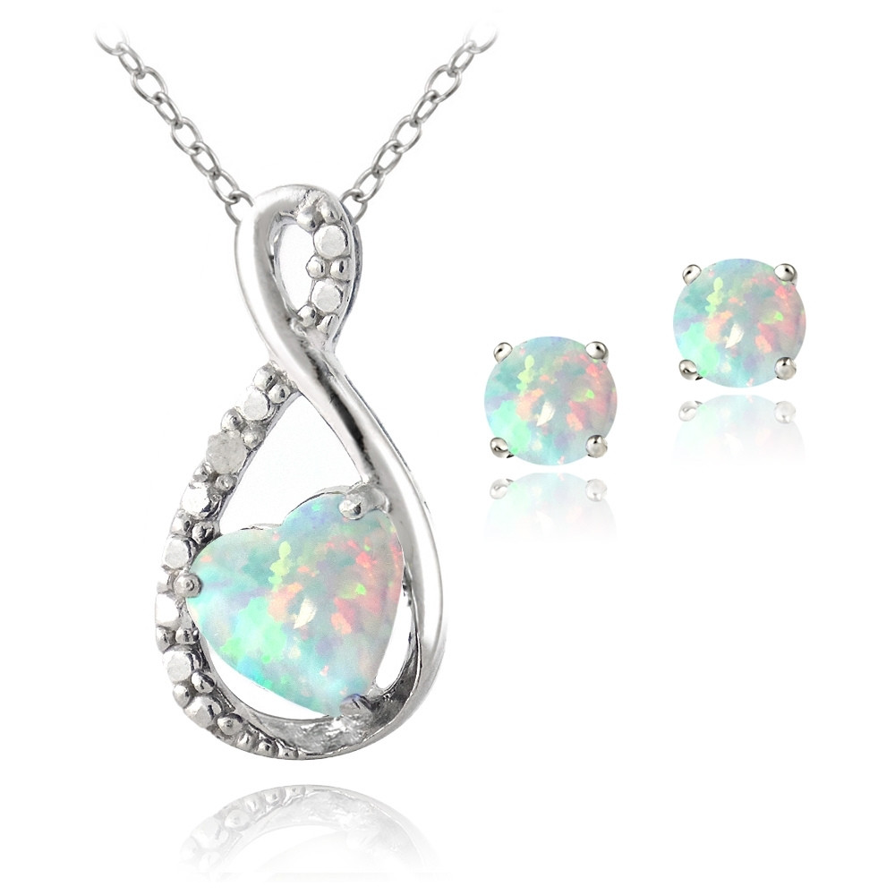Silver Lab Created Opal & Diamond Infinity Heart Pendant & Stud Earrings Set