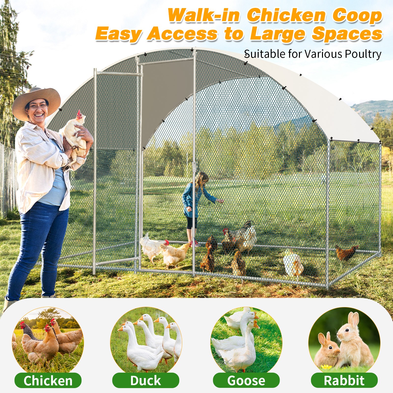 Metal Walk In Chicken Coop 6.5 x 10FT Run Cage Hutch Hen House Enclosure Outdoor