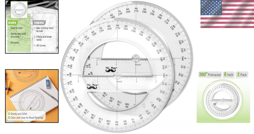 Math Geometry Protractor Set - Two Transparent 360-Degree Tools for Adventures