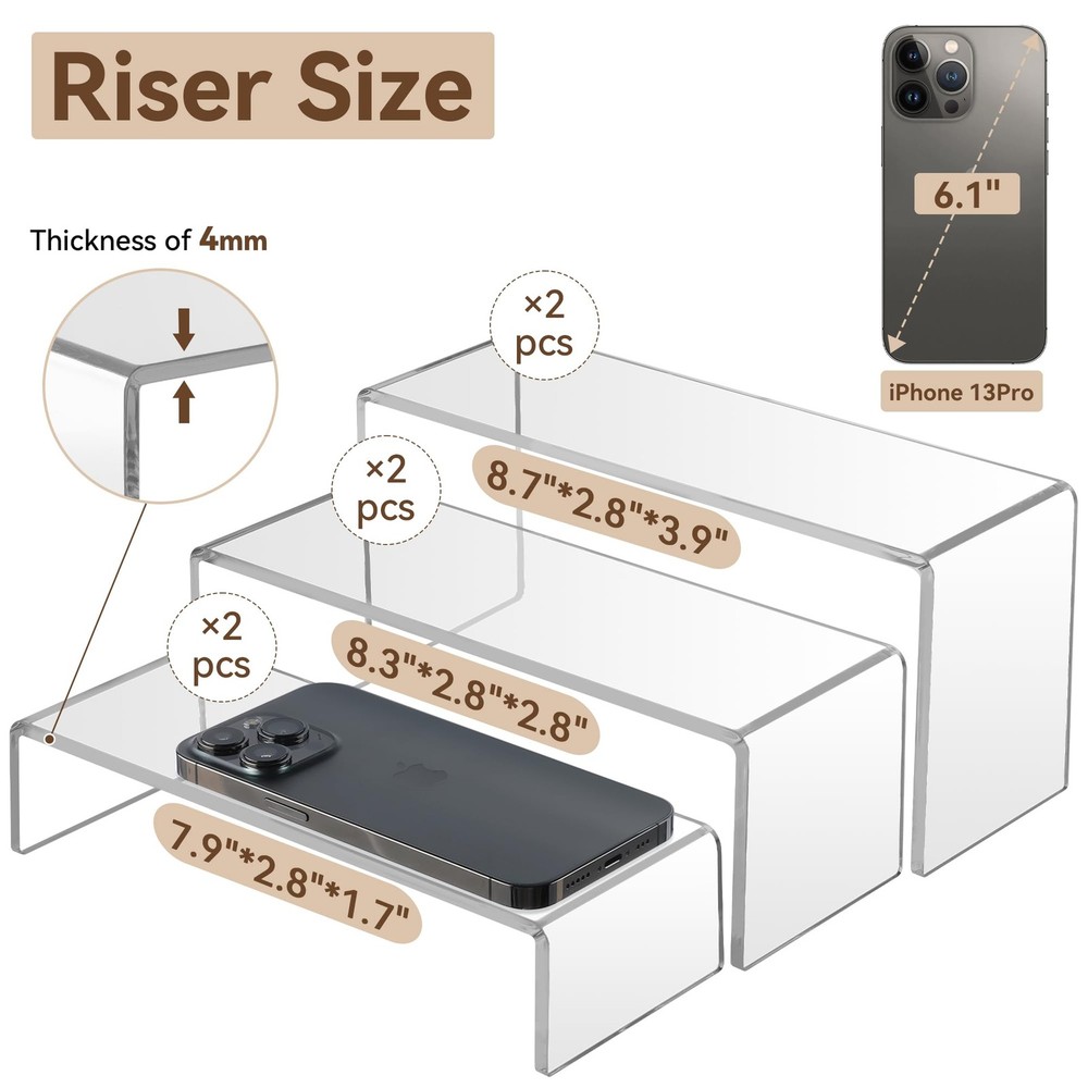 Display Risers, 6 Pcs(7.9”L~8.3”L~8.7”L) Rectangular Clear Acrylic Showcase C...
