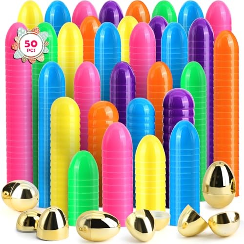 [6 Surprise Golden Eggs] Large Easter Eggs, Empty Easter Eggs 50 Pack 3 Inch