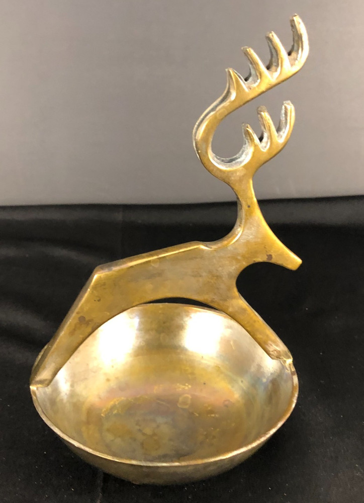 Brass Reindeer Trinket Candy Nut Dish Christmas Bowl Cabin
