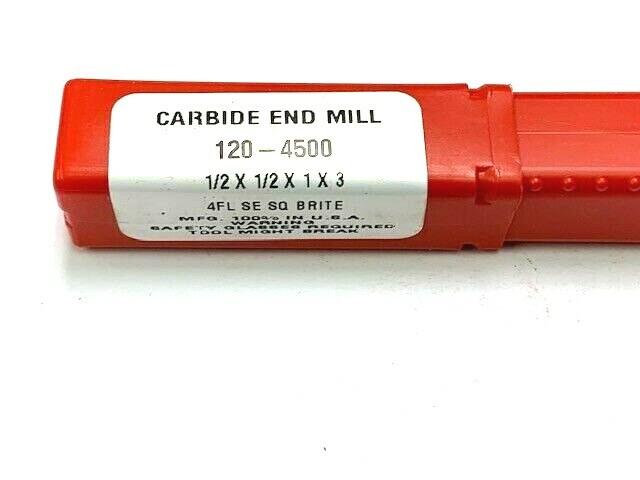 1/2" 4 FLUTE SOLID CARBIDE END MILL HTC #120-4500 1" FLUTE X 3" OVERALL