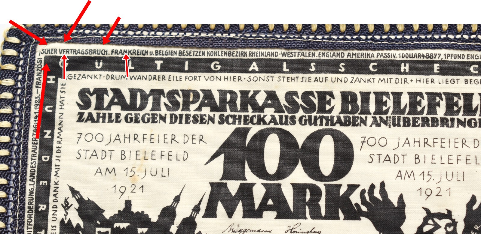 GERMANY NOTGELD Bielefeld 100 Mark 1921 War Emergency cloth textile Money Linen